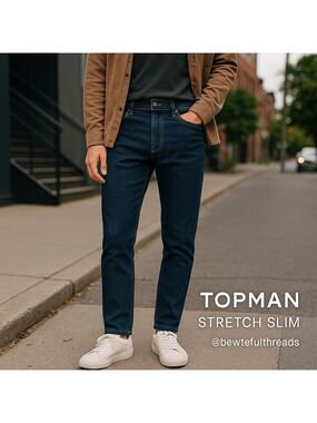 Topman Stretch Slim Jeans W34 L30 button fly Dark Blue Midweight Denim